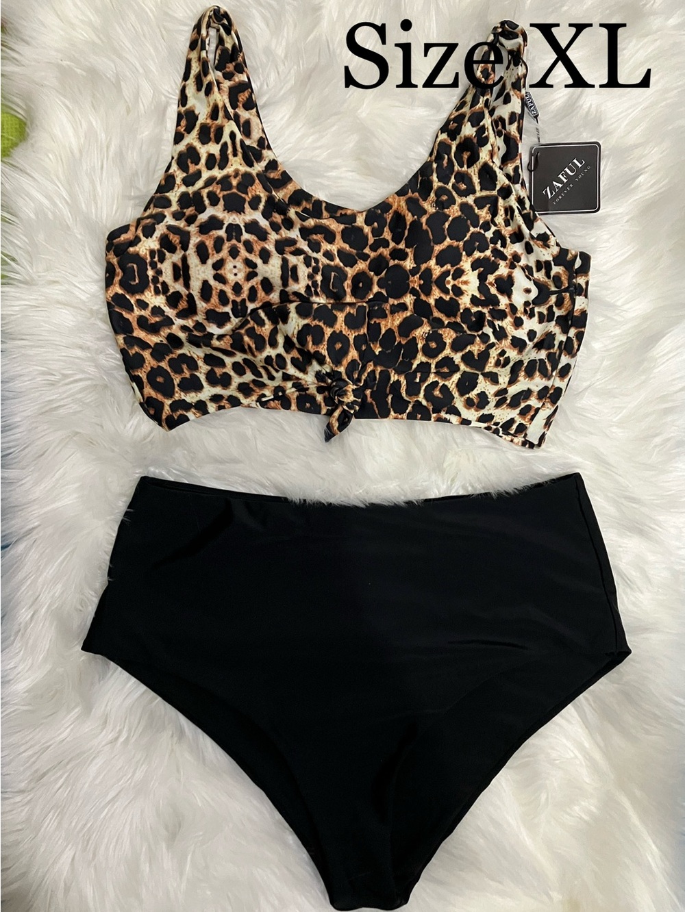 Women’s Leopard Print Crop Bikini Top and Black High-Waist Bottom Size XLarge